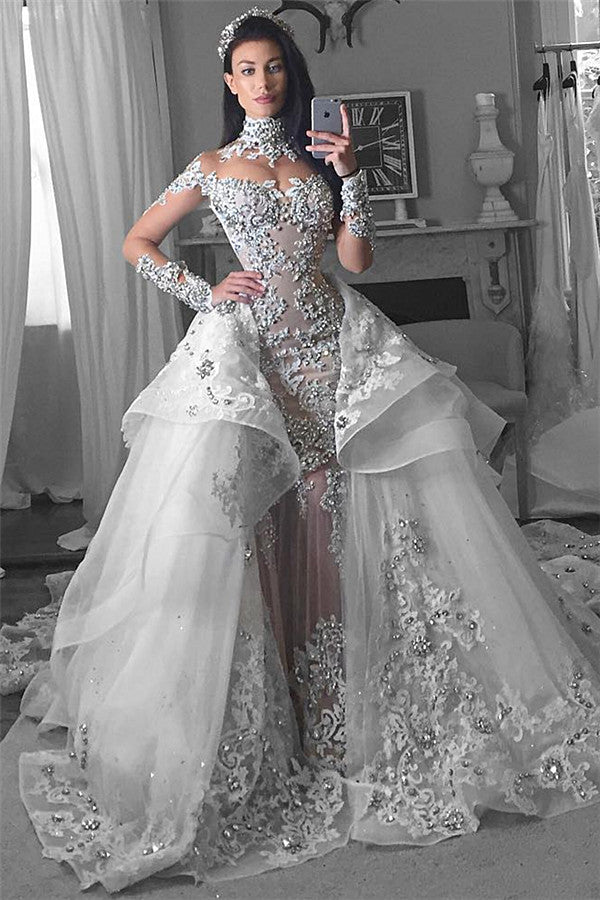 Glamorous Long Sleevess Tulle High Neck Bridal Gowns Appliques Wedding Dresses with Detachable Overskirt-Ballbella