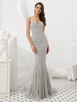 Mermaid Evening Dresses Luxury Heavy Beaded Straps Formal Gowns With Train