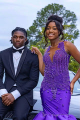 Glamorous Mermaid Purple Sleeveless Crystal Sexy Prom Dress-Ballbella