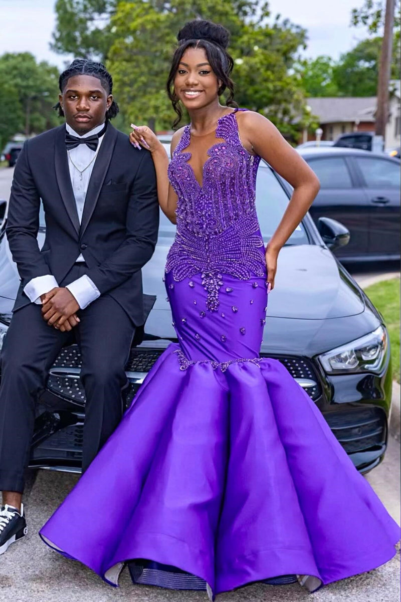 Glamorous Mermaid Purple Sleeveless Crystal Sexy Prom Dress-Ballbella
