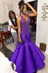 Glamorous Mermaid Purple Sleeveless Crystal Sexy Prom Dress-Ballbella