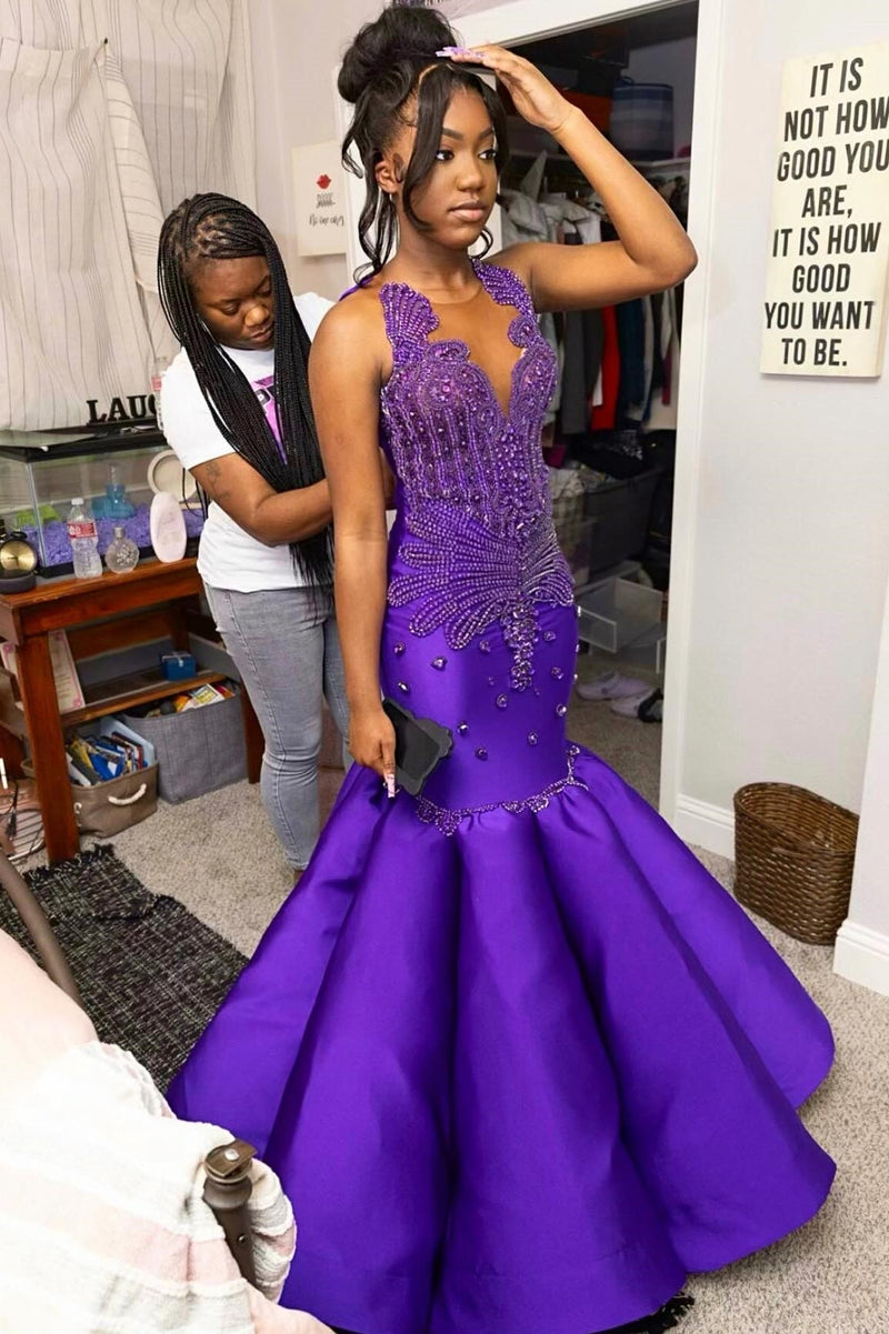 Glamorous Mermaid Purple Sleeveless Crystal Sexy Prom Dress-Ballbella