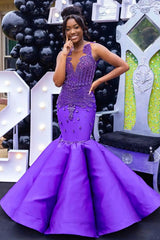 Glamorous Mermaid Purple Sleeveless Crystal Sexy Prom Dress-Ballbella
