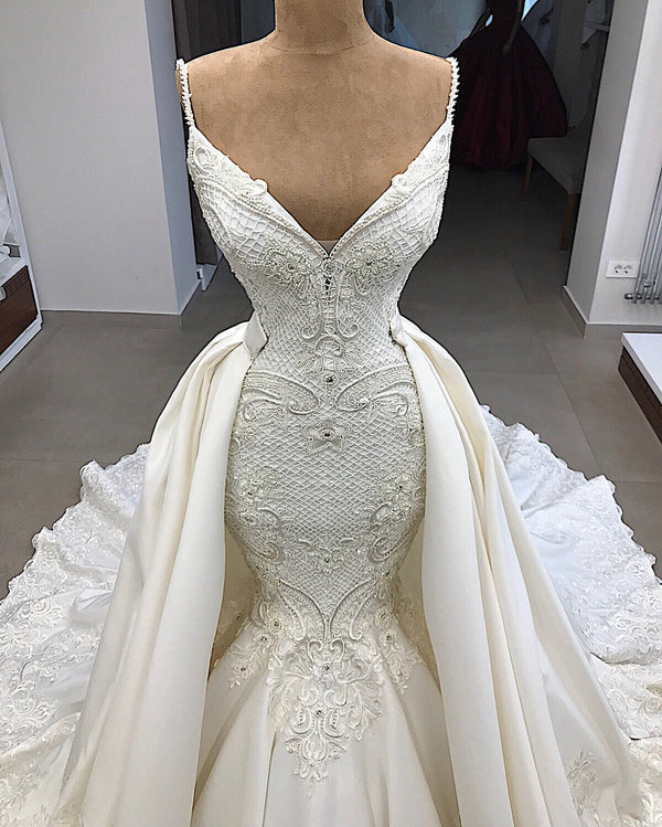 Glamorous Mermaid Sleeveless Lace Wedding Dress Overskit-Ballbella