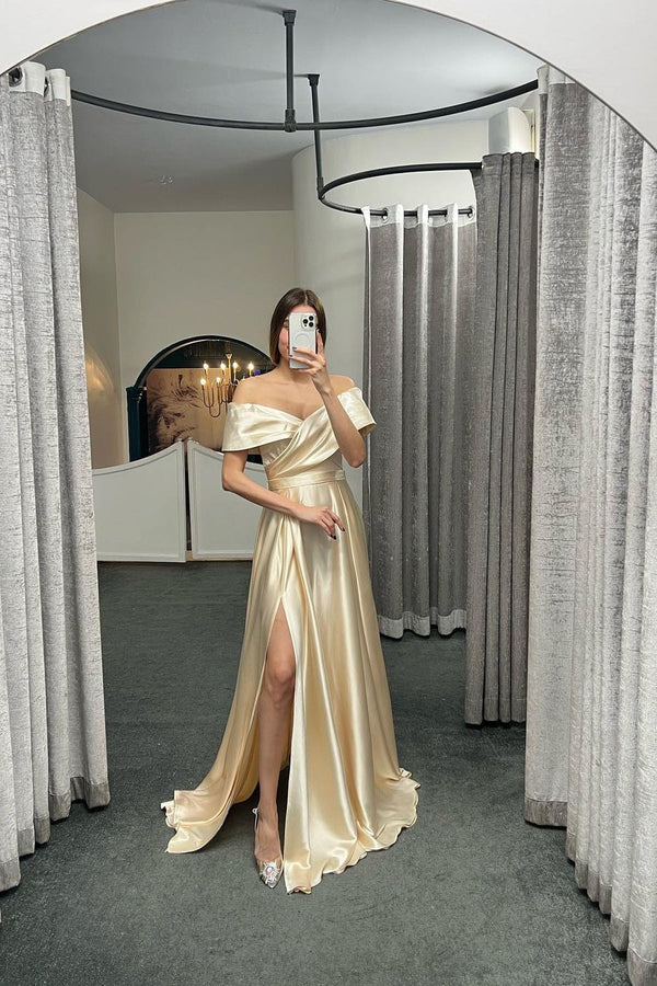 Glamorous Off The Shoulder Prom Dress With Split Ruffles A-Line Evening Gowns-Ballbella