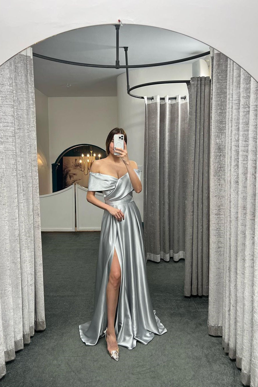 off shoulder silver dress Glamorous Off The Shoulder Prom Dress With Split Ruffles A-Line Evenin –  Ballbella