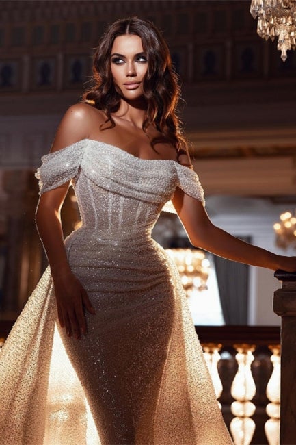 Glamorous Off-the-Shoulder Sequins Prom Dress Mermaid With Ruffle-Ballbella