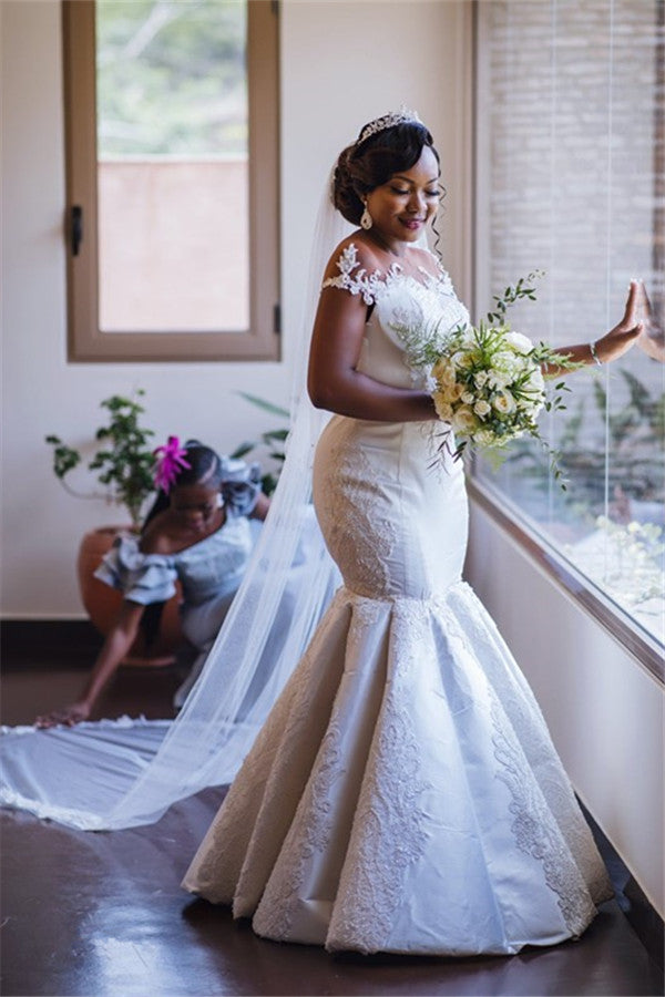 Glamorous Off the ShoulderLace Applique Mermaid Bridal Wedding Dresses-Ballbella