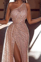 Glamorous One Shouder Sequins Prom Dress Long Slit Online-Ballbella