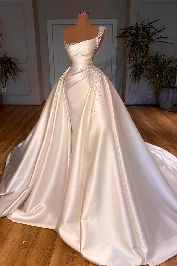 Glamorous One Shoulder Pearl Wedding Dress Overskirt Bridal Gowns On Sale-Ballbella