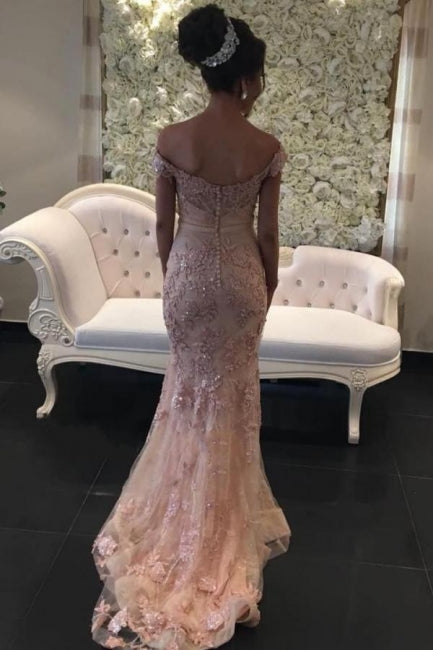 Glamorous Pink Off-the-shouder Prom Dresses Glitter Lace Mermaid Evening Gowns-Ballbella
