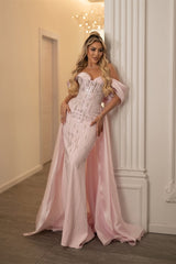 Glamorous Pink Off-The-Shoulder Mermaid Prom Dresses Sheath Gem With Zipper-Ballbella