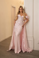 Glamorous Pink Off-The-Shoulder Mermaid Prom Dresses Sheath Gem With Zipper-Ballbella