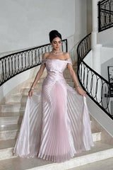 Glamorous Pink Off-The-Shoulder Prom Dress Sleeveless Sheath With Overskirt Pleats-Ballbella