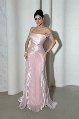 Glamorous Pink Off-The-Shoulder Prom Dress Sleeveless Sheath With Overskirt Pleats-Ballbella