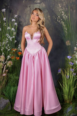Glamorous Pink V-Neck Strapless Sleeveless Satin Prom Dresses A-Line With Beads Pleats-Ballbella