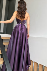 Glamorous Purple Strapless Sleeveless A-Line Prom Dresses Long Lace-Up Back With Pleats-Ballbella