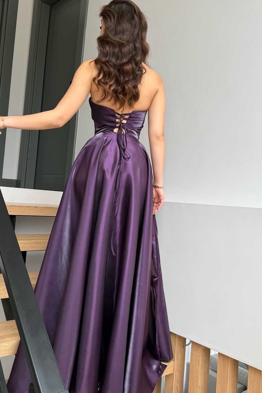 purple grad dresses Glamorous Purple Strapless Sleeveless A-Line Prom Dresses Long Lace-Up Back With Pleats
