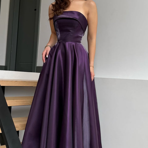 formal dresses purple Glamorous Purple Strapless Sleeveless A-Line Prom Dresses Long Lace-Up Back With Pleats