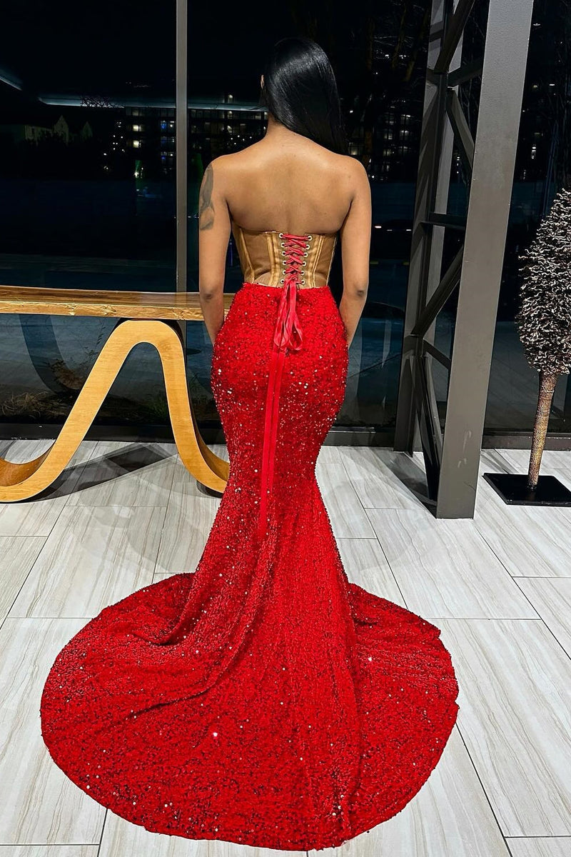 Glamorous Red Mermaid Strapless Sequins Appliques Prom Dress-Ballbella