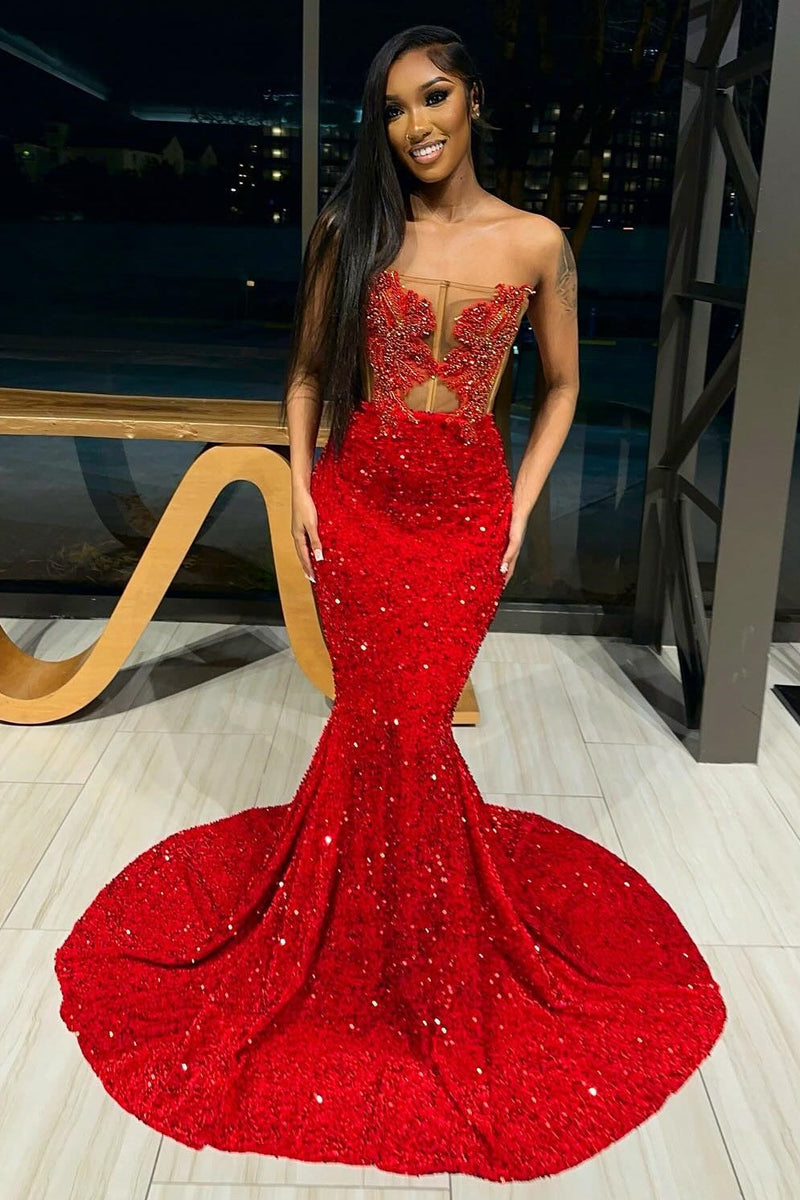 Glamorous Red Mermaid Strapless Sequins Appliques Prom Dress-Ballbella