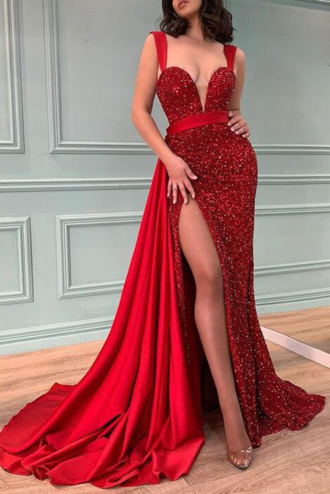 Glamorous Red Sequins Beadings Mermaid Prom Dress Split With Ruffles-Ballbella