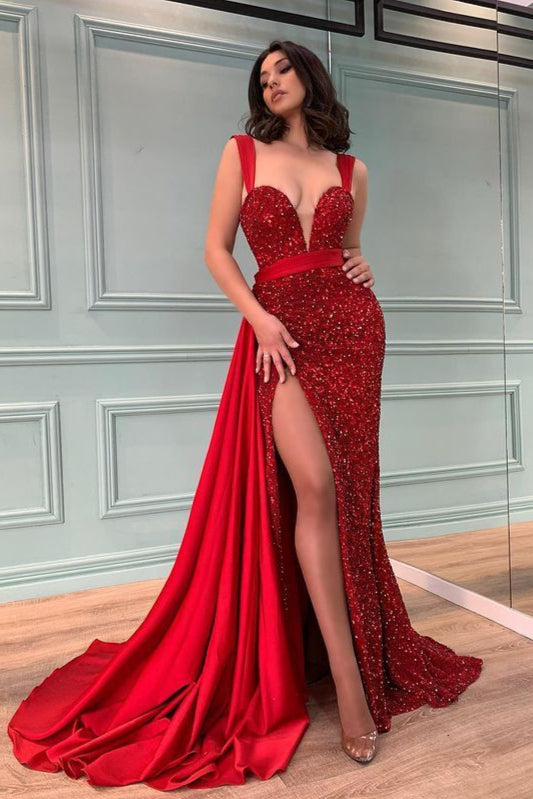 Glamorous Red Sequins Beadings Mermaid Prom Dress Split With Ruffles-Ballbella