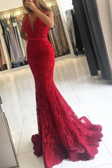 Glamorous Red Wide Strap Lace Evening Dress V-neck Long-Ballbella