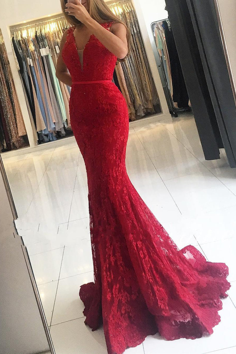 Glamorous Red Wide Strap Lace Evening Dress V-neck Long Ballbella Glamorous Red Wide Strap Lace Evening Dress V-neck Long Ballbella