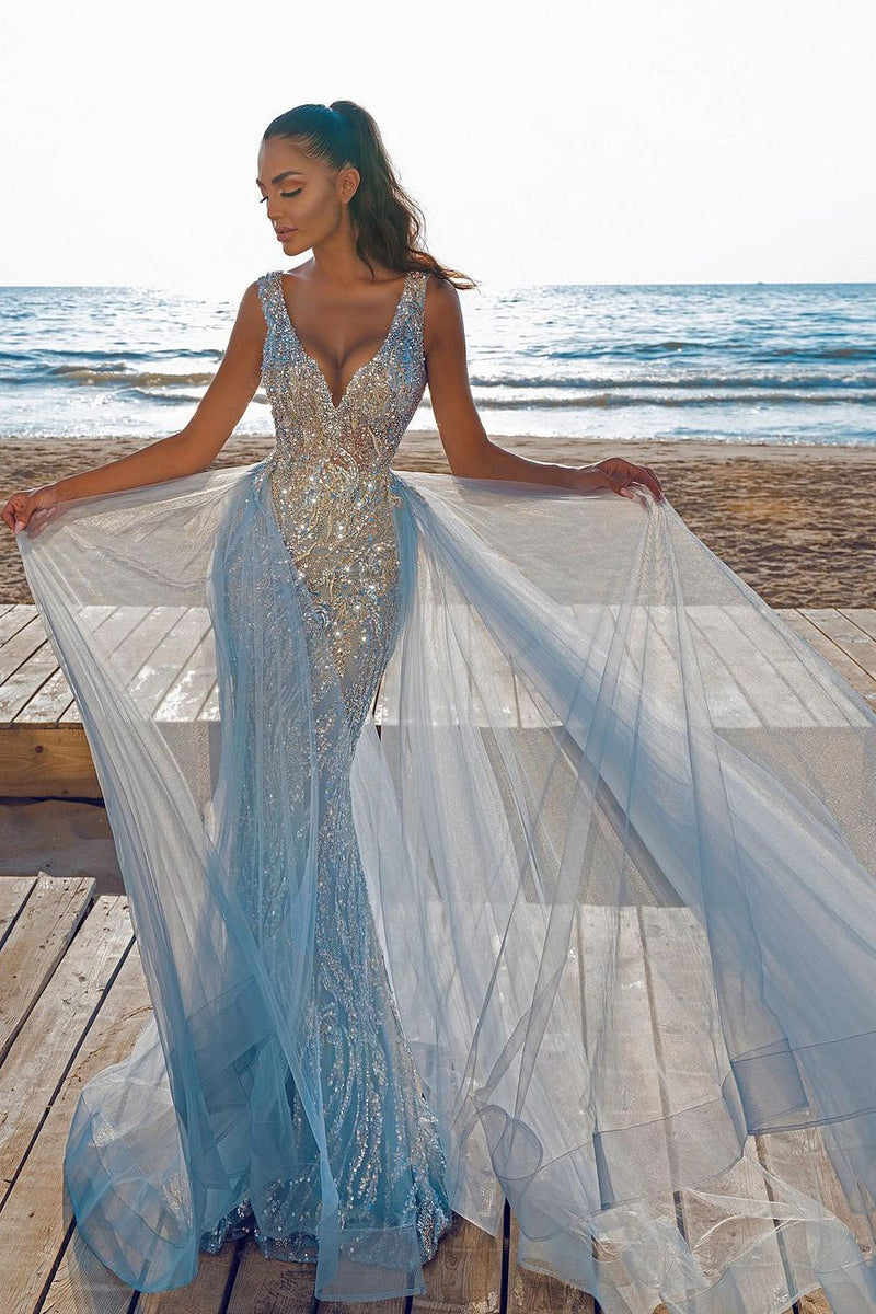 Glamorous Sequins Crystal Mermaid Prom Dress V-Neck Sleeveless-Ballbella