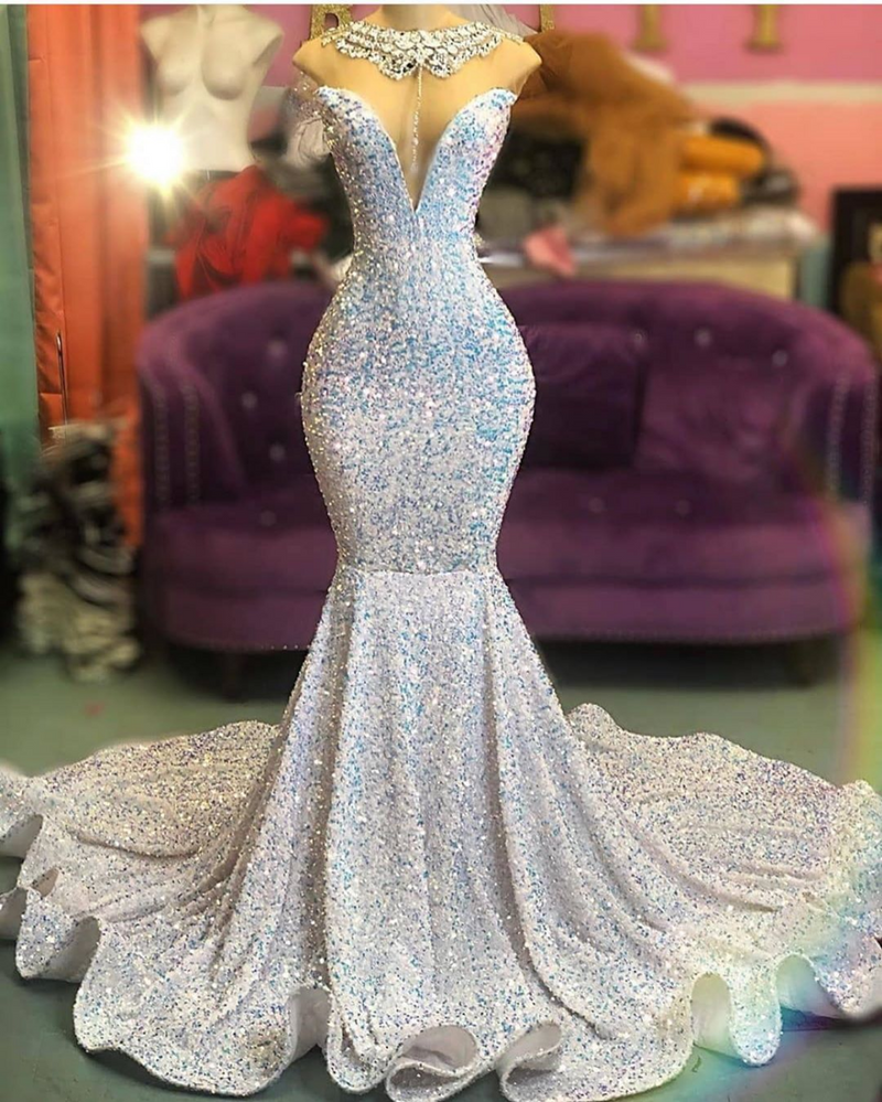 bling bling prom dresses Blackgirls Crystal Beaded Sequin sparkly mermaid dress with Silver Rhinestones it boasts a flattering mermaid silhouette and a sweeping train for added drama Luuvis Bling A Line V