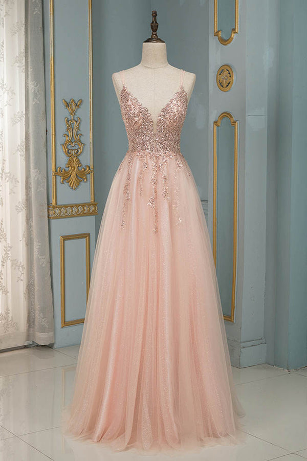 Glamorous Sequins V-Neck Long Evening Prom Dress Floor Length-Ballbella
