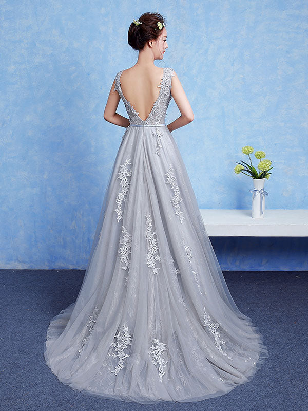 Silver evening dress Tulle Backless Party Dress Lace Applique A Line Occasion Dress With Train