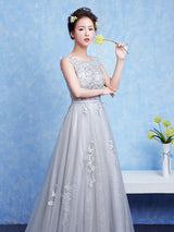 Silver evening dress Tulle Backless Party Dress Lace Applique A Line Occasion Dress With Train