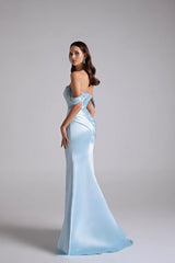 Glamorous Sky Blue Off-The-Shoulder Satin Mermaid Prom Dress Beading With Zipper-Ballbella