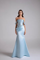 Glamorous Sky Blue Off-The-Shoulder Satin Mermaid Prom Dress Beading With Zipper-Ballbella