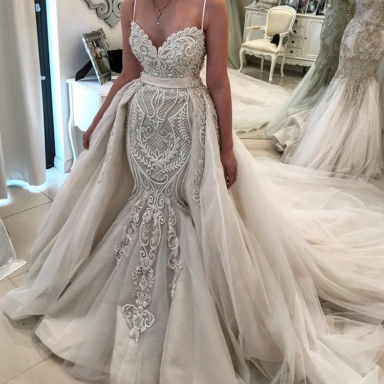 Ballbella offers Glamorous Spaghetti-Sreaps Lace Wedding Dress Ruffless Overskirt Bridal Gowns at a good price ,all made in high quality. Extra coupon to save a heap.