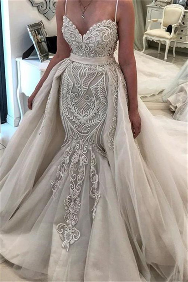 Glamorous Spaghetti Sreaps Lace Wedding Dress Ruffless Overskirt Bridal Gowns-Ballbella