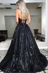 Glamorous Spaghetti-Straps Black Sequins Long Evening Prom Dress-Ballbella