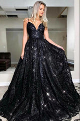 Glamorous Spaghetti-Straps Black Sequins Long Evening Prom Dress-Ballbella