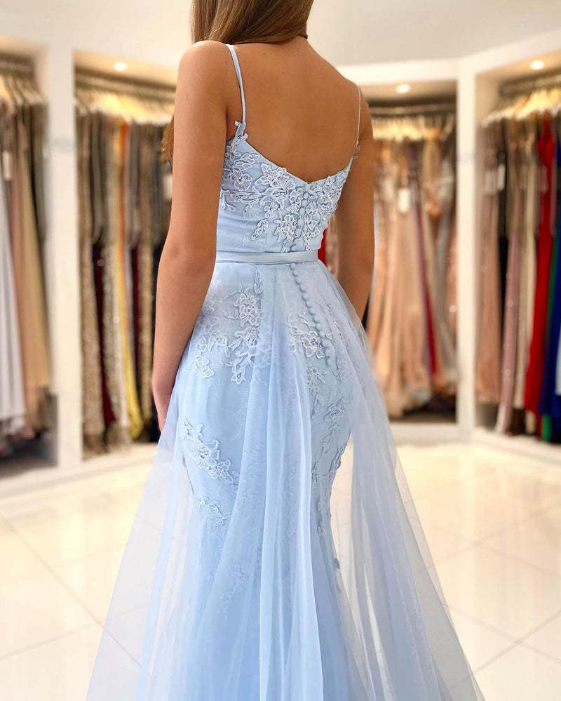Glamorous Spaghetti-Straps Mermaid Evening Dress With Lace Appliques Ruffles-Ballbella