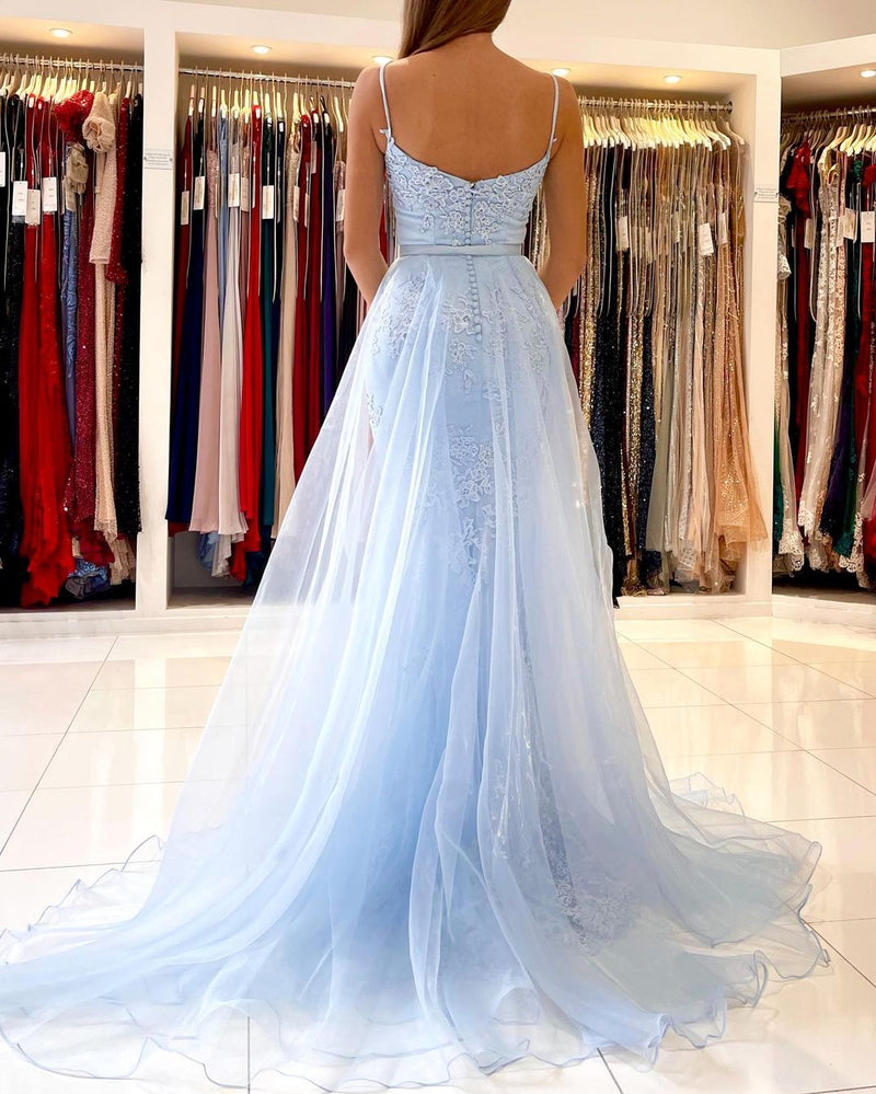Glamorous Spaghetti-Straps Mermaid Evening Dress With Lace Appliques Ruffles-Ballbella