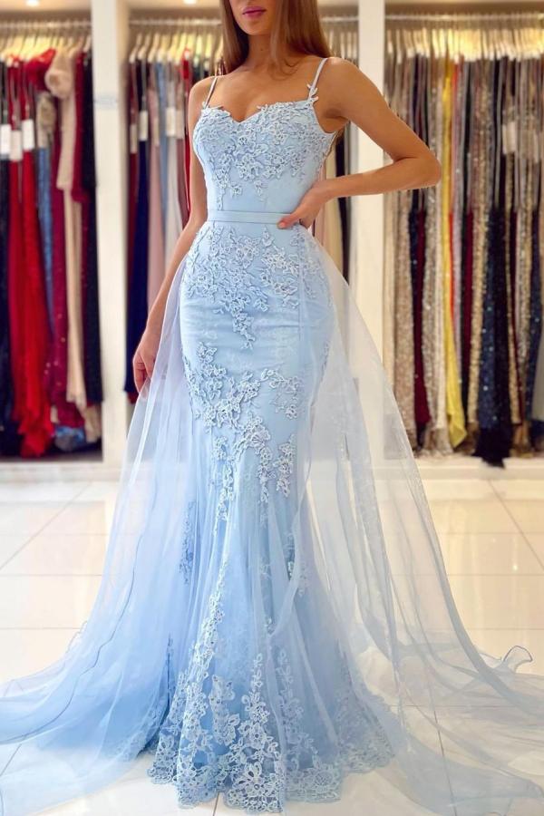 Glamorous Spaghetti-Straps Mermaid Evening Dress With Lace Appliques Ruffles-Ballbella