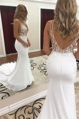 Glamorous Straps Appliques V Neck Mermaid Wedding Dresses-Ballbella