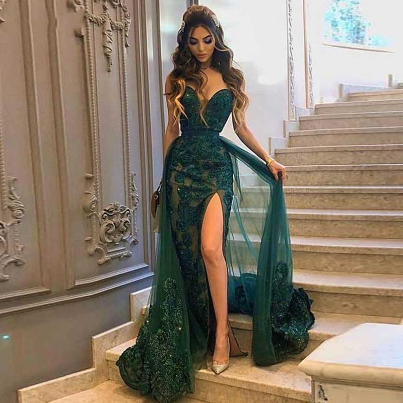 Glamorous Sweetheart Green Prom Dress Long Evening Gowns With Overskir –  Ballbella