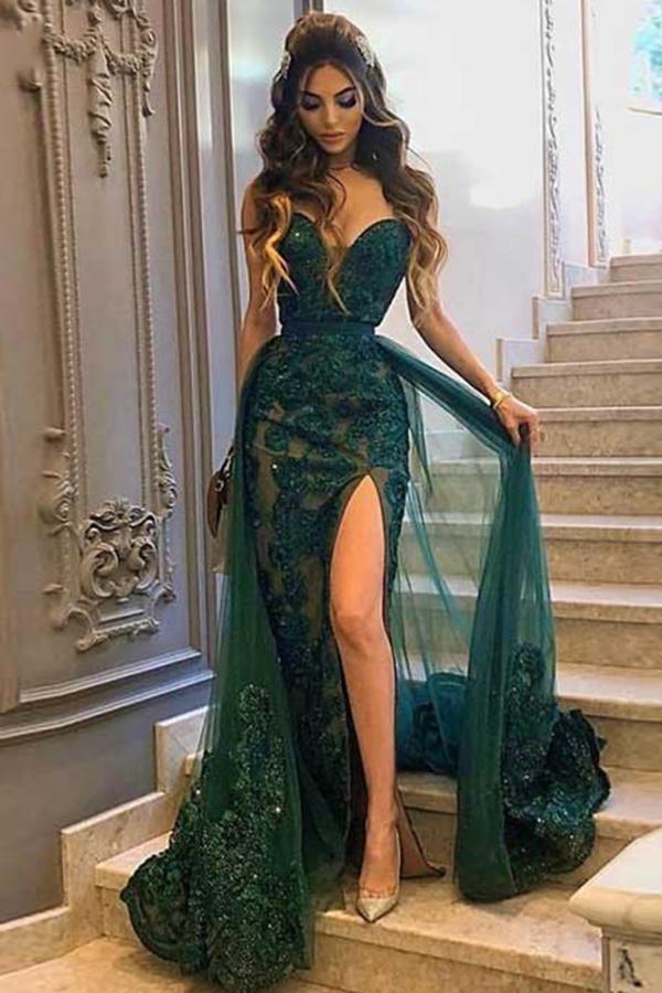 Glamorous Sweetheart Green Prom Dress Long Evening Gowns With Overskirt-Ballbella