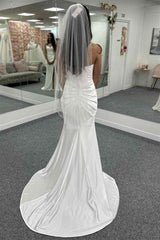 Glamorous Sweetheart Satin Mermaid Sleeveless Wedding Dresses Spaghetti-Straps Side Slit With Pleats-Ballbella