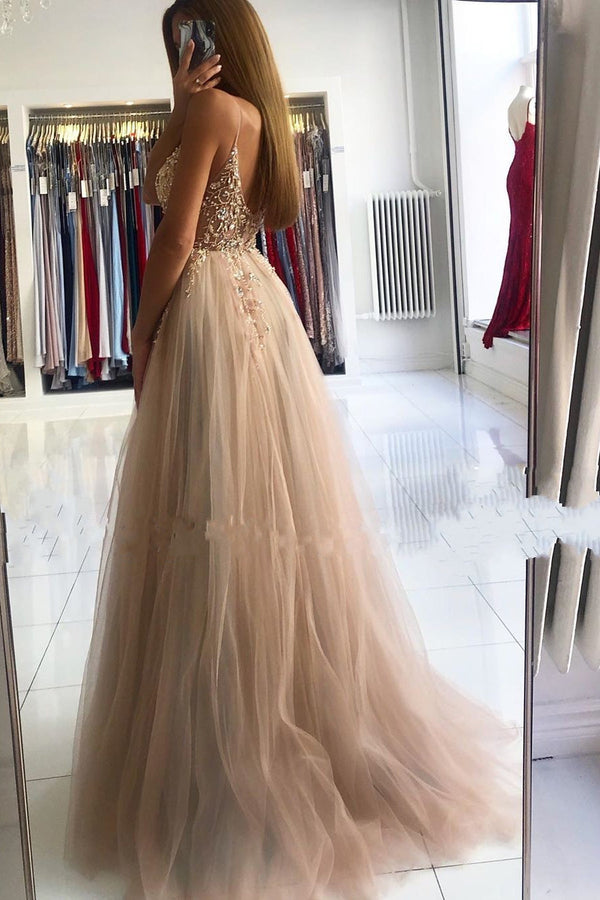 Glamorous V-neck Spaghetti-Straps Tulle Prom Dress Beadings Long Evening Gowns-Ballbella