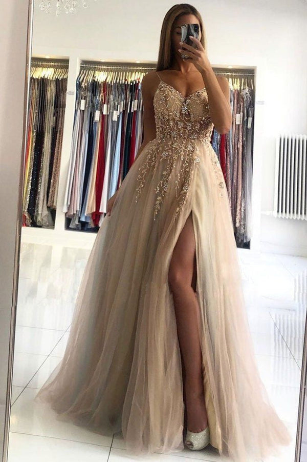 Glamorous V-neck Spaghetti-Straps Tulle Prom Dress Beadings Long Evening Gowns-Ballbella