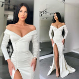 Glamorous White Long Sleeves Mermaid Evening Dress Off-the-shoulder Split Prom Gown-Ballbella